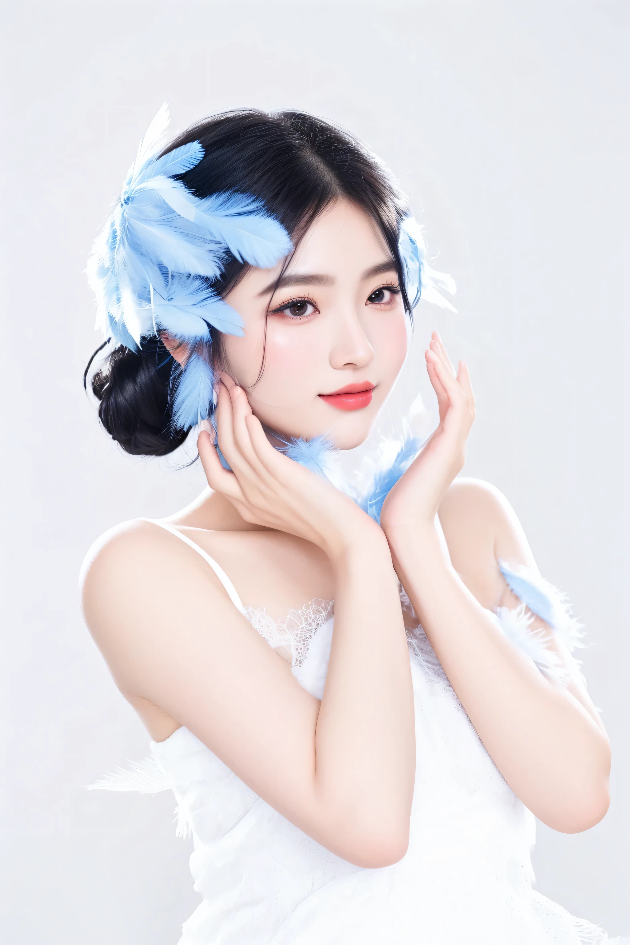 arafed woman with a blue feathered headband and a white dress, girl with feathers, beautiful young korean woman, beautiful south korean woman, blue feathers, chinese girl, gorgeous young korean woman, inspired by Mei Qing, gorgeous chinese model, with blue skin, wearing a feather dress, korean woman, chinese woman, porcelain white skin, milky white skin, chengyou liu