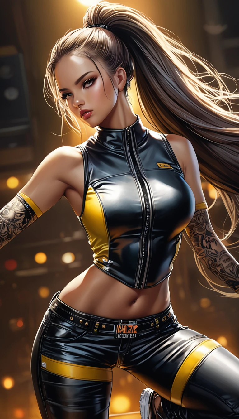 (best quality,4k,8k,highres,masterpiece:1.2),ultra-detailed,(realistic,photorealistic,photo-realistic:1.37),1 girl,hip-hop style outfit,high ponytail,incredibly long hair,cowgirl pose,looking at viewer,leaning forward,by Santiago Caruso,by Mike Azevedo,detailed eyes,detailed lips,extremely detailed face,long eyelashes,dynamic pose,colorful,vibrant colors,warm lighting