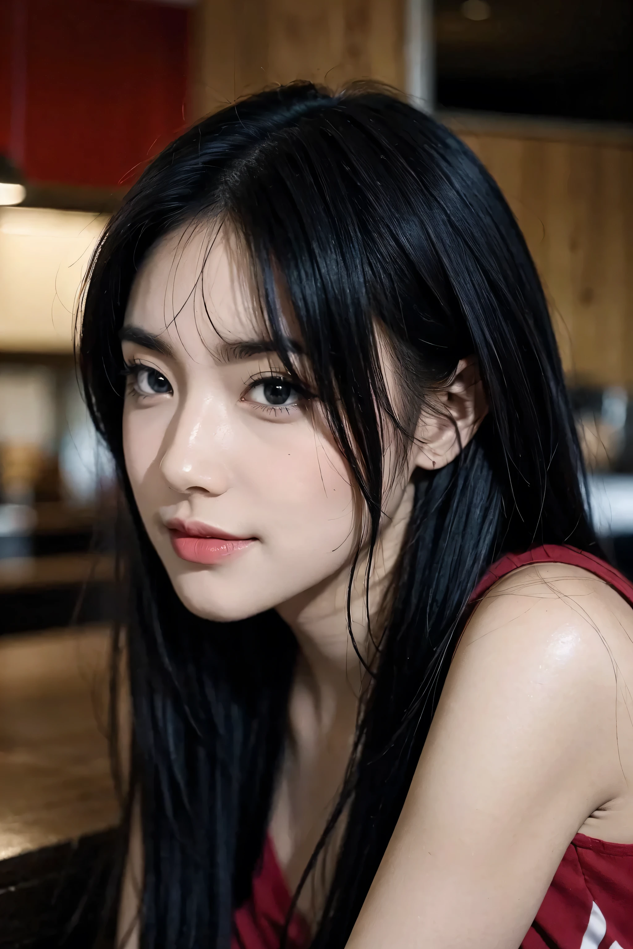 (full body), white Asian woman, (long black and purple hair), (red outfit), (detailed face), beautiful eyes, lips, nose, (detailed skin), beautiful facial features, in a coffee shop, drinking a coffee, detailed furniture, natural lighting, high quality, ((photorealistic,extremely detailed) ,8k,masterpiece,bright colors, cinematic lighting, (no blurry)