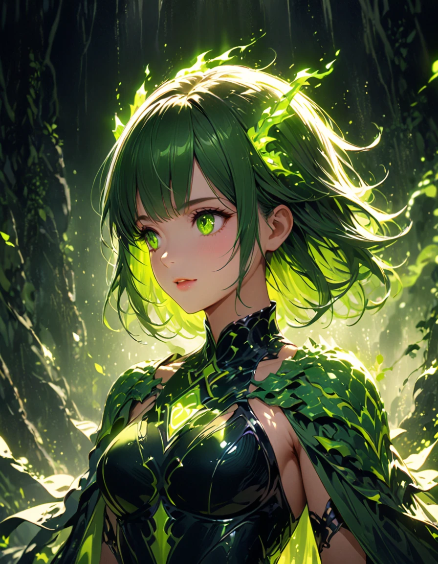 Detailed textures, high quality, high resolution, high accuracy, realism, color correction, correct lighting settings, harmonious composition. The girl stands in the dark, surrounded by particles of light and flickering green sparks that form an unearthly glowing silhouette of a dragon above her head. The atmosphere is mysterious, and the soft lighting creates a magical atmosphere. Digital illustration. --ar 3:4 --niji 6