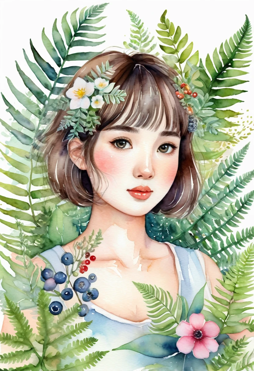 ((super detailed)beautiful flowers, berries, ferns, leaves, watercolor pattern of calming colors)(watercolor texture)(1girl, kemono, furry, short hair, cute)