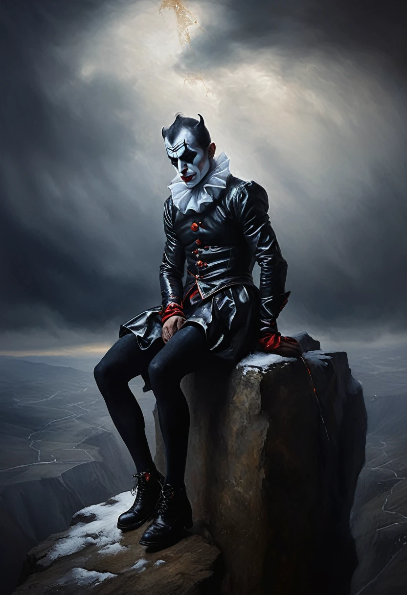 painting of a demonic sad harlequin, sits on a steep cliff with his legs dangling into the void, gloomy landscape snowstorm, dramatic, dynamic pose, cinematic scene, volumetric lights, ultra realistic, in the style of nicola samori