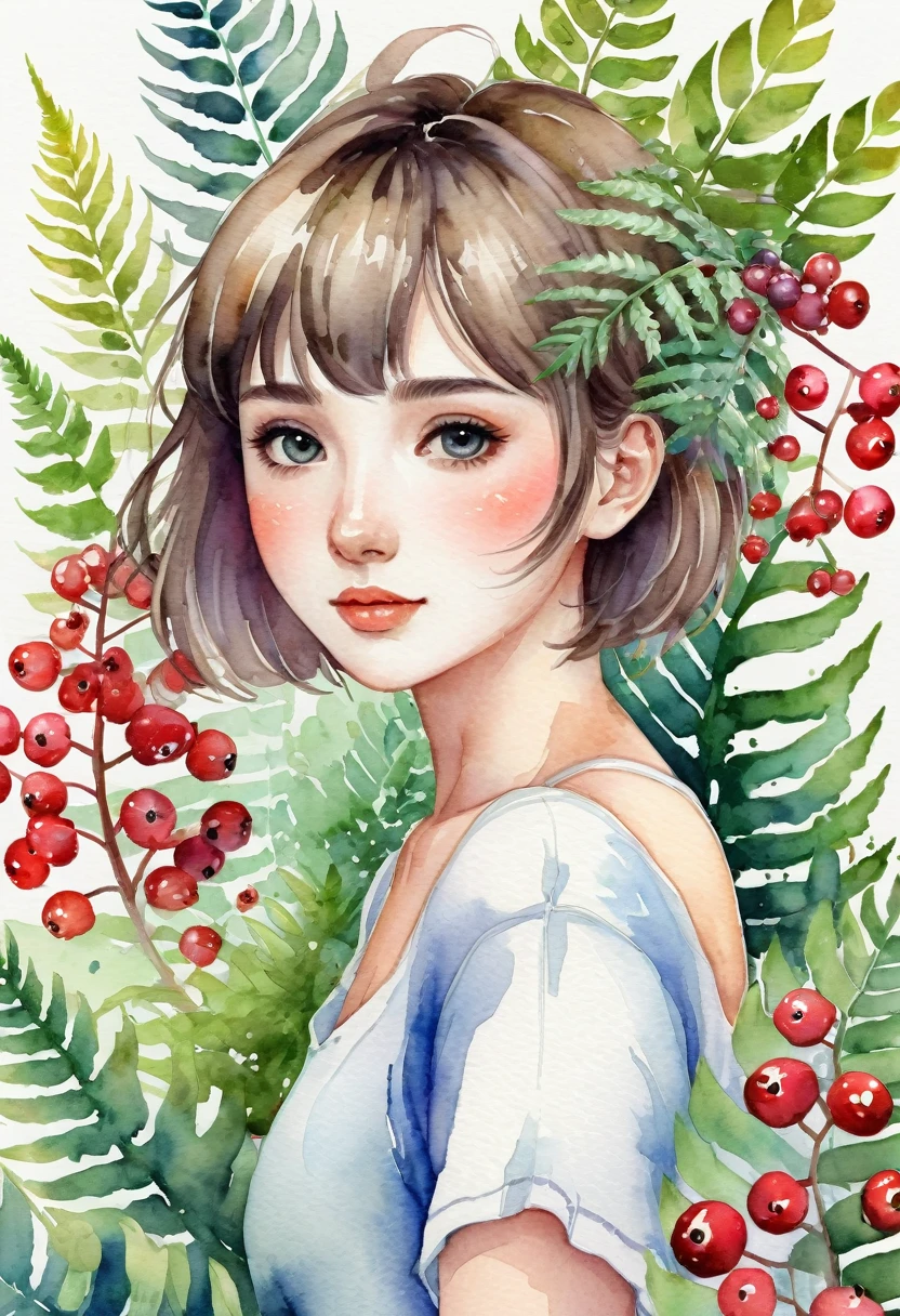 (watercolor texture)cover page, highres, top quality, best quality, paid reward available, unparalleled masterpiece, perfect artwork, absurdres, High-quality illustrations, super high resolution, detailed background, perfect anatomy(1girl, kemono, furry, short hair, cute)(beautiful flowers, berries, ferns, leaves, watercolor pattern of calming colors),