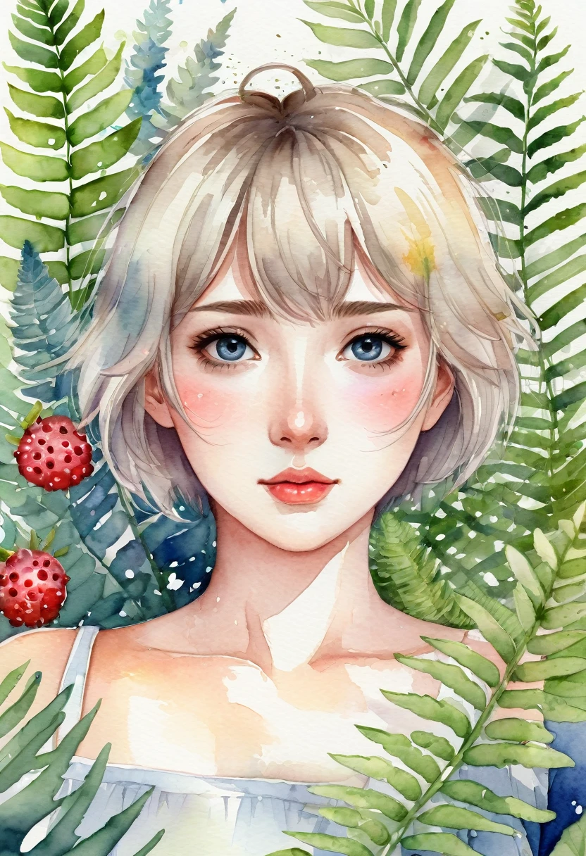 (watercolor texture)cover page, highres, top quality, best quality, paid reward available, unparalleled masterpiece, perfect artwork, absurdres, High-quality illustrations, super high resolution, detailed background, perfect ???????(1girl, kemono, furry, short hair, cute)(beautiful flowers, berries, ferns, leaves, watercolor pattern of calming colors),