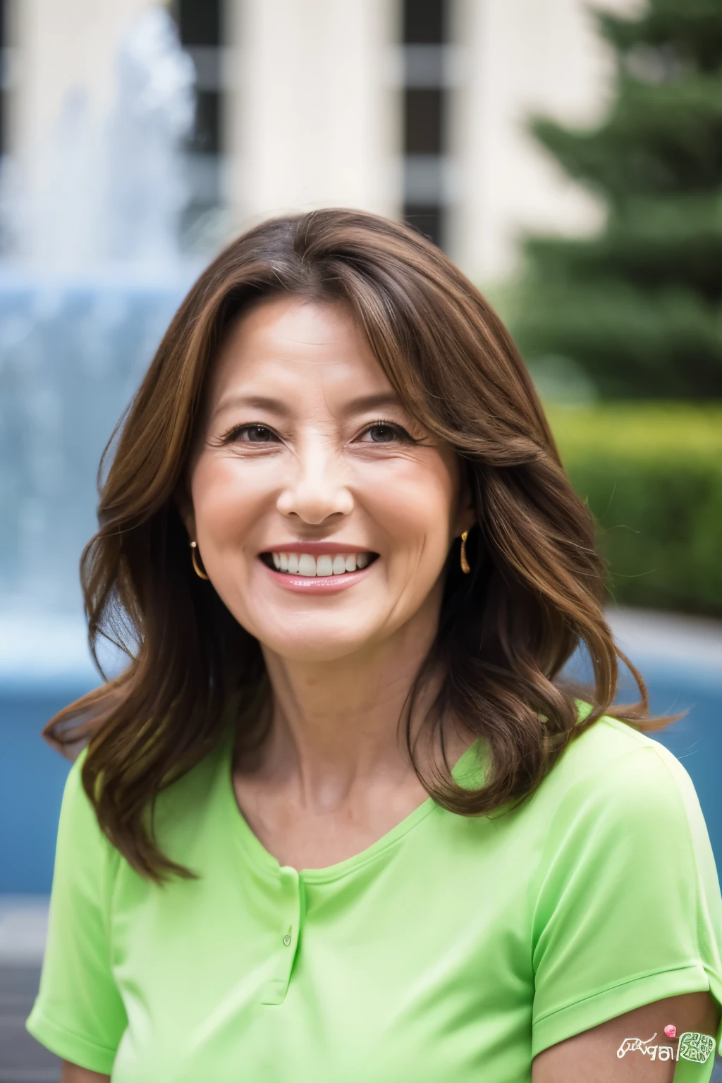 最high quality, In 8K, whole body, Real, Upper Body, high quality, High resolution, Detailed face, Detailed eyes, Thick lips, (Look at the viewers), alone, Middle-aged women, , 60 years old, , Wavy Hair, , Wearing short sleeves, Standing in front of a fountain, Wrinkles around the eyes, Smiling with teeth showing, Background Blur