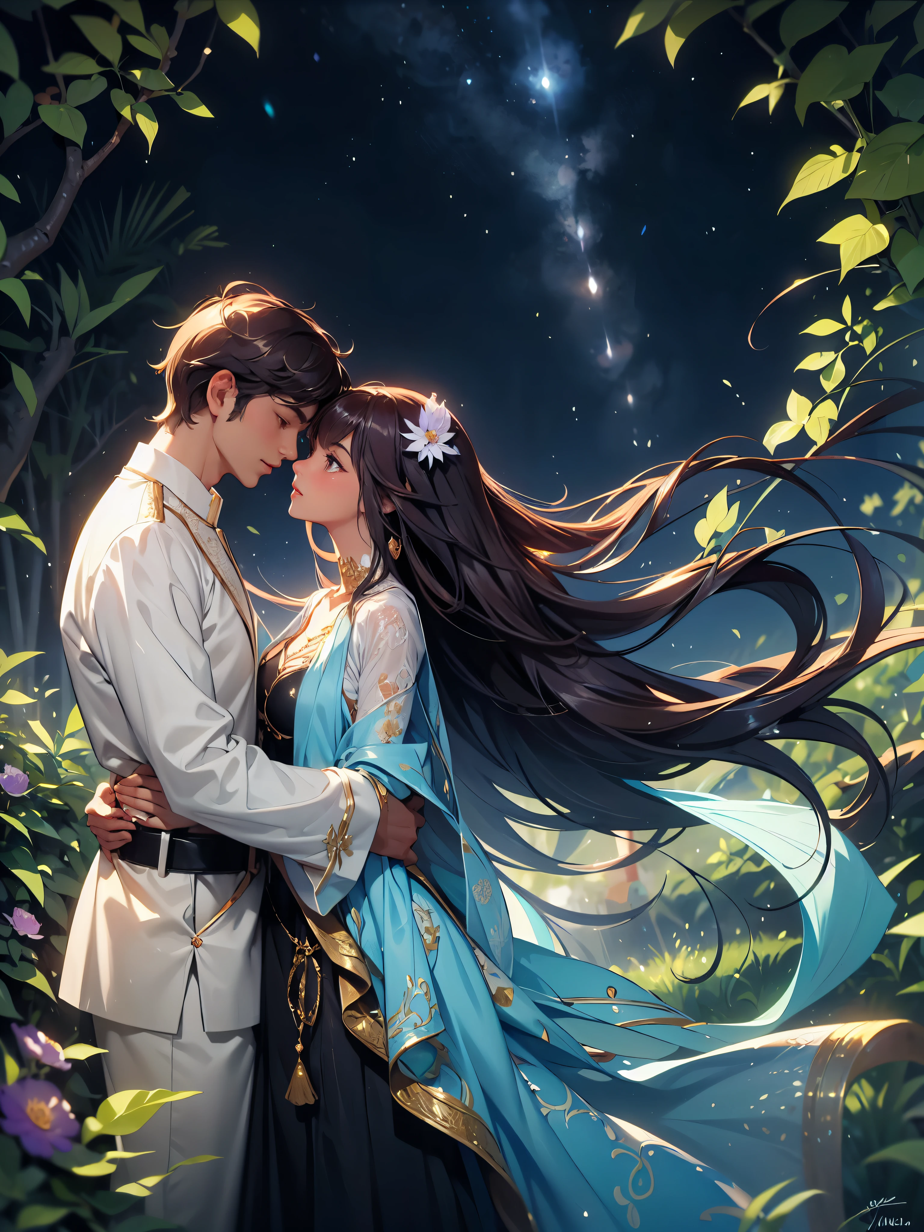 A romantic rendezvous taking place between an Indian couple in a forest meticulously designed in Anime style. The couple, both dressed to perfection in vibrant Indian attire, are engrossed in one ther, a display of endearing affection. The tranquil sanctuary, inhabited by wakeful flowers that surge with hues of Tachisme, adjacently harbors signature lacquer lamps adding an aura of Holoretro ambiance bolstered by glowing leaves and rustling fronds. Noisy fantails geminate from branches, creating discreet charm within the scene. As the supportive pillars of strong flora lightly hide hearts traced intermittently, magnificent Kamadhenu deftly sketches clouds with tertiary evermore cloaking the sunlight. As twilight unwinds,|The relationship blossoms like a passion flower bursting with color.|Or tangled vine entwining when night encroaches.