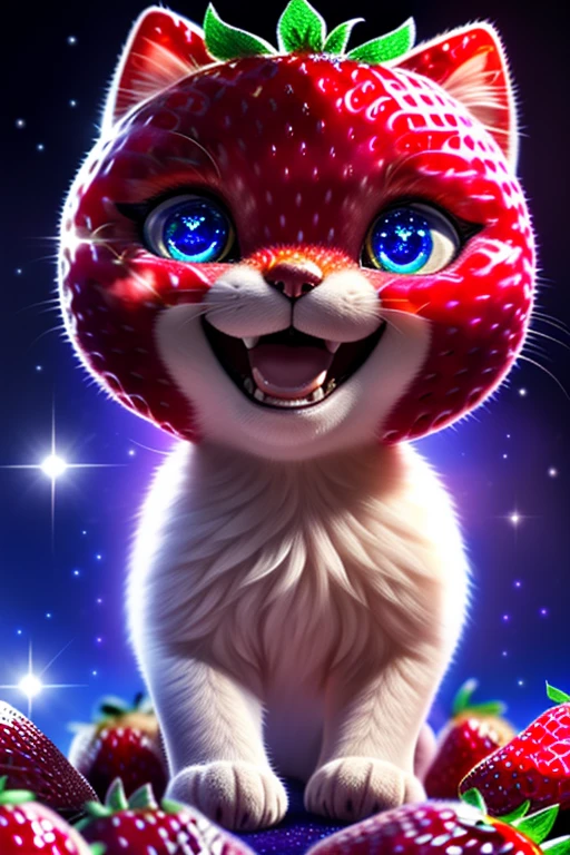 (Highest quality、masterpiece、8k))、Anatomically correct、Very detailed、High resolution、Realistic、((Beautiful, sparkling, detailed eyes))、Intricate details、((Dynamic composition))、kitten、Big head、((A single very large strawberry))、((A big smile))