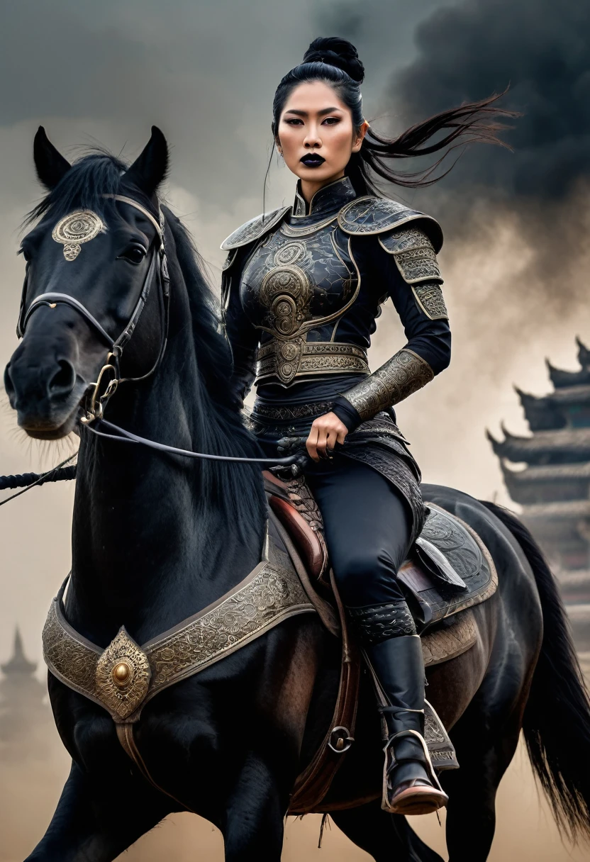 A vertical portrait of a muscular Thai female general with black braided hair and black lipstick
, Her brown eyes are intense, and she has intricate yantra character tattoos on her arms.She is clad dark black armor, wielding a large scythe with fine Thai pattems.
She sits astride a black horse, leading an army in black armor on horseback. The background depicts an ancient temple with billowing smoke and fluttering black flags, with ravens in the sky. The image radiates a sense of formidable strength and fierceness.