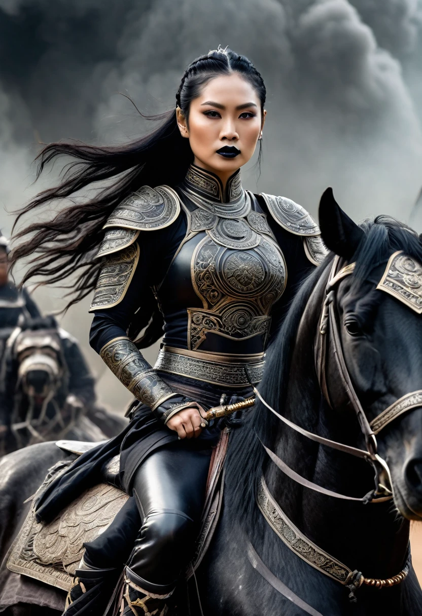 A vertical portrait of a muscular Thai female general with black braided hair and black lipstick
, Her brown eyes are intense, and she has intricate yantra character tattoos on her arms.She is clad dark black armor, wielding a large scythe with fine Thai pattems.
She sits astride a black horse, leading an army in black armor on horseback. The background depicts an ancient temple with billowing smoke and fluttering black flags, with ravens in the sky. The image radiates a sense of formidable strength and fierceness.