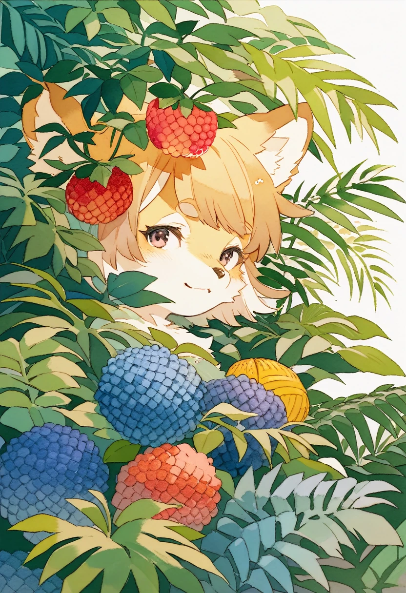 ((super detailed)beautiful flowers, berries, ferns, leaves, watercolor pattern of calming colors)(watercolor texture)(1girl, kemono, furry, short hair, cute)