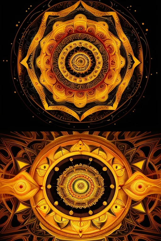logotype, (((magie))), land, water, fire, Tuuli, magie circles, mandala, abstrato, fractal, Standard, yellow, creative, art station, vector, golden ratio