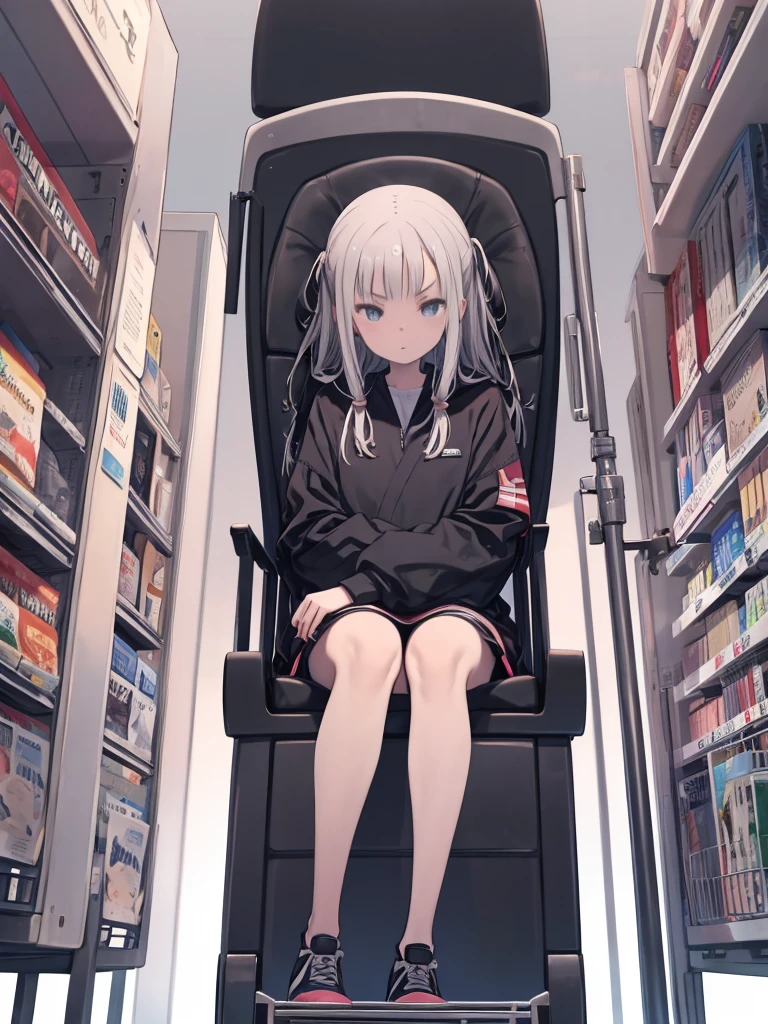 The grey plains lament,Sit in shopping cart,Crossing your legs, Anime style portrait