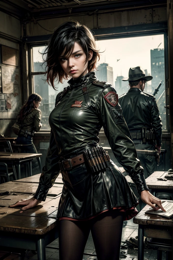 (masterpiece, best quality:1.2), cowboy shot, solo, dynamic pose, 1girl, ruby rose, looking at viewer, military uniform, pantyhose, standing inside wrecked classroom, ruble on old desks, collapsed ceiling, , bonfire, crowd outside searching with rifles, (crowd in military uniforms) night, stars, closed mouth, serious look, serious expression, post-apocalypse, dystopian future