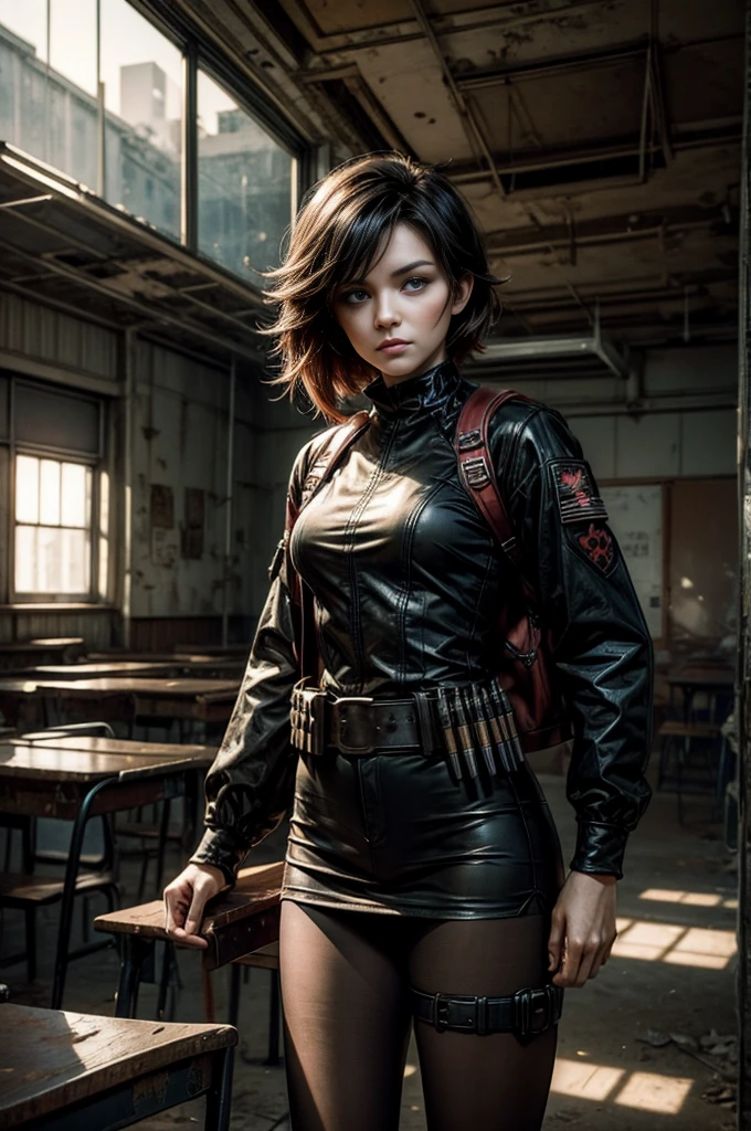 (masterpiece, best quality:1.2), cowboy shot, solo, dynamic pose, 1girl, ruby rose, looking at viewer, military uniform, pantyhose, standing inside wrecked classroom, ruble on old desks, collapsed ceiling, , bonfire, crowd outside searching with rifles, (crowd in military uniforms) night, stars, closed mouth, serious look, serious expression, post-apocalypse, dystopian future