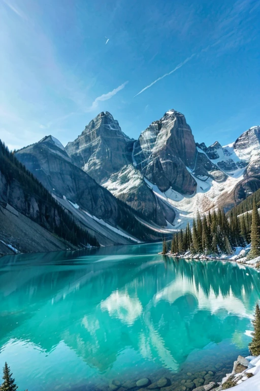 **Moraine Lake**
Imagine the stunning turquoise waters of Moraine Lake, surrounded by towering snow-capped mountains. The water is so clear that you can see the pebbles on the lakebed, and the crisp mountain air fills your lungs with each breath. The vibrant blue of the lake contrasts with the white of the snow and the green of the pine trees, creating a visual symphony that feels both invigorating and serene.

