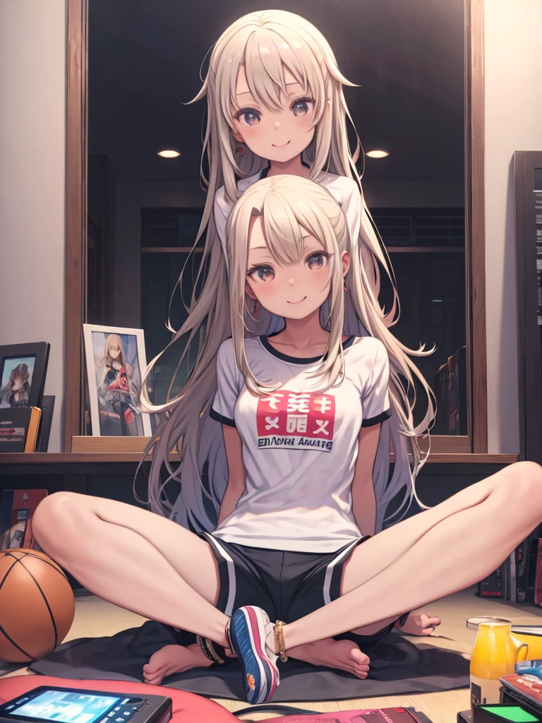 score_9, score_8_superior, score_7_superior, score_6_superior, score_5_superior, score_4_superior, sauce_anime, anime screencap, masterpiece, One girl, alone, Dark Skin, fit, Sports competition, Chloe von Einzbern, Small earrings, Firm breasts, White top, Shorts, panties, smile, teeth, anklet, barefoot, Sitting on the floor, Spread your legs, Playing games, ((Game Controllers)), unaware, Bedroom, View your viewers,