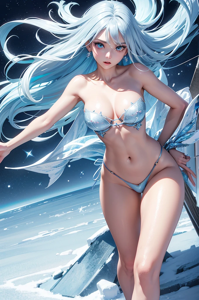 "full body, busty, 4K anime style quality, digital drawing mode, ice-themed anime female character, long icy blue hair with silver highlights, piercing blue eyes, wearing an outfit adorned with snowflakes and ice shards, holding a crystalline bow and arrow, Blur the background to create a three-dimensional effect, atmosphere, standing in a frozen tundra, radiant skin, flowing hair, glossy lips, determined eyes, dynamic pose, life size, perfect anatomy, detailed skin texture, full HD, 4K, HDR, perfect anatomy, depth of field."