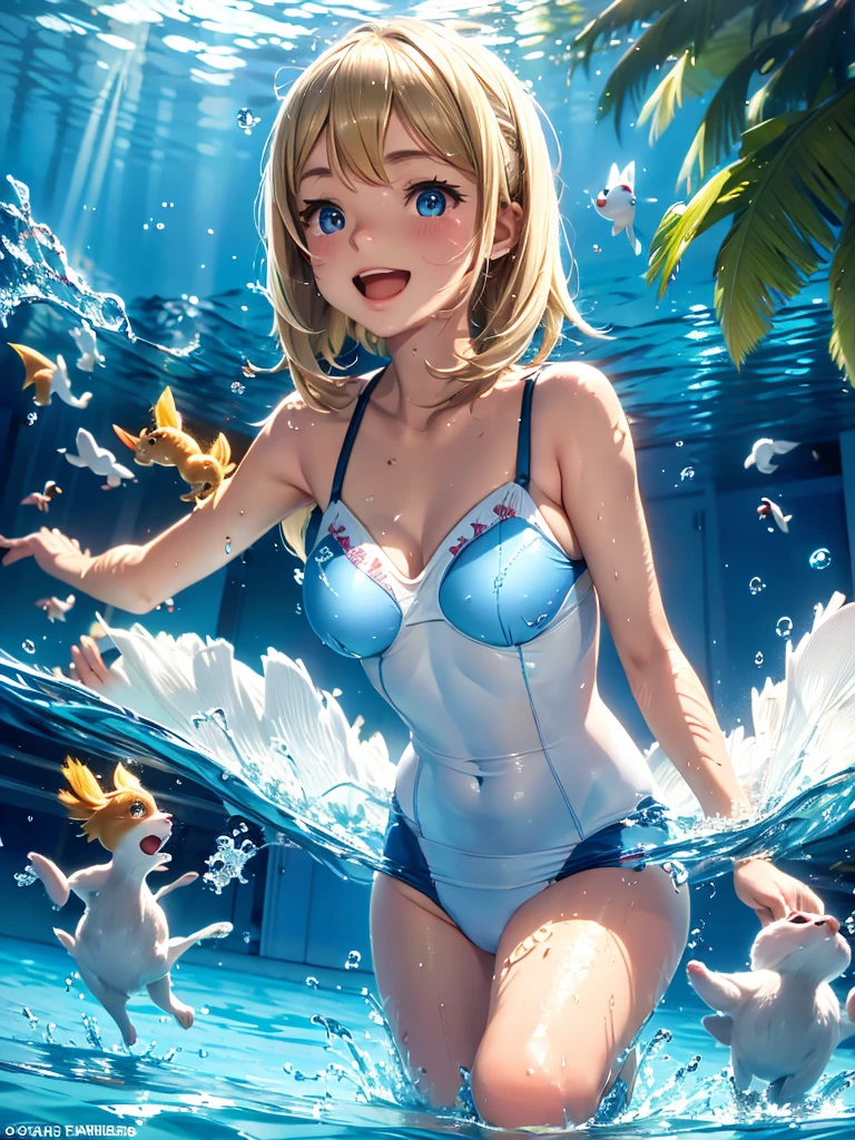 In a Lillie pond a waternympf with a small blond midget German spitz swimming under water swim gold fish, Pixar style