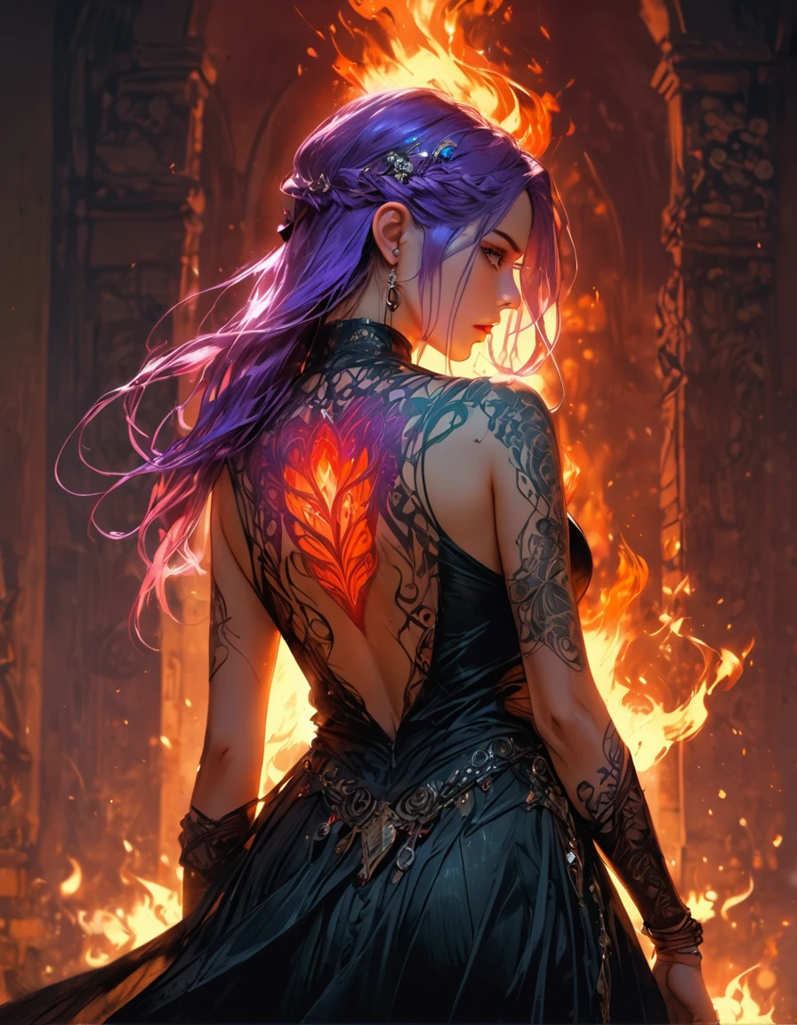 Arafed, Dark fantasy art, fantasy art, goth art, a picture of a tattoo on the back of a female elf, a glowing tattoo of a ((strawberry tattoo: 1.3)) on the elf's back, the ((strawberry tattoo)) is vivid, intricate detailed , GlowingRunesAI_purple, ((fire surrounds the strawberry: 1.5)), shoot taken from the back, ((the back is visible: 1.3), she wears a transparent black dress, the dress is elegant, flowing, elven style, that the tattoos glow, dynamic hair color, dynamic hair style,  vibrant, Ultra-high resolution, High Contrast, (masterpiece:1.5), highest quality, Best aesthetics), best details, best quality, highres, 16k, (ultra detailed: 1.5), masterpiece, best quality, (extremely detailed) RAW, (ultra details, Masterpiece, best quality) faize, Digital Painting, 