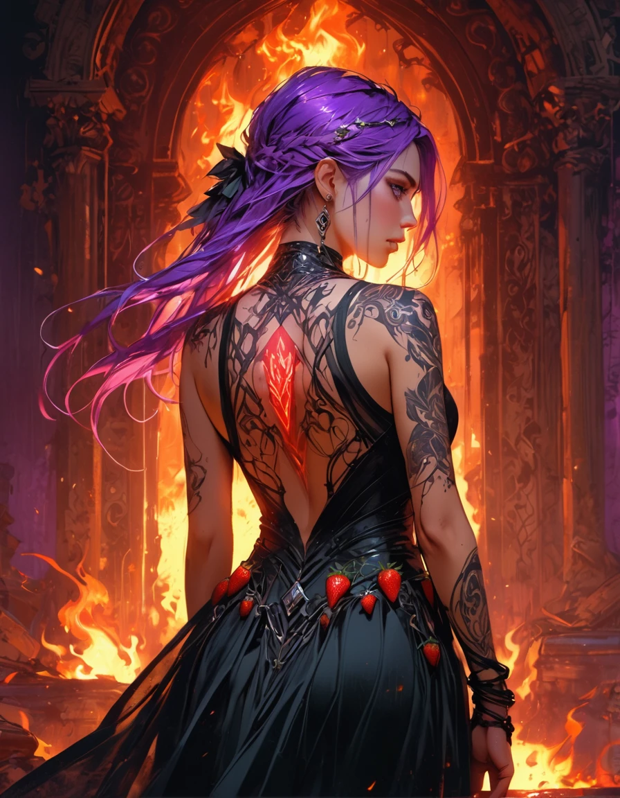 Arafed, Dark fantasy art, fantasy art, goth art, a picture of a tattoo on the back of a female elf, a glowing tattoo of a ((strawberry tattoo: 1.3)) on the elf's back, the ((strawberry tattoo)) is vivid, intricate detailed , GlowingRunesAI_purple, ((fire surrounds the strawberry: 1.5)), shoot taken from the back, ((the back is visible: 1.3), she wears a transparent black dress, the dress is elegant, flowing, elven style, that the tattoos glow, dynamic hair color, dynamic hair style, vibrant, Ultra-high resolution, High Contrast, (masterpiece:1.5), highest quality, Best aesthetics), best details, best quality, highres, 16k, (ultra detailed: 1.5), masterpiece, best quality, (extremely detailed) RAW, (ultra details, Masterpiece, best quality) faize, Digital Painting,