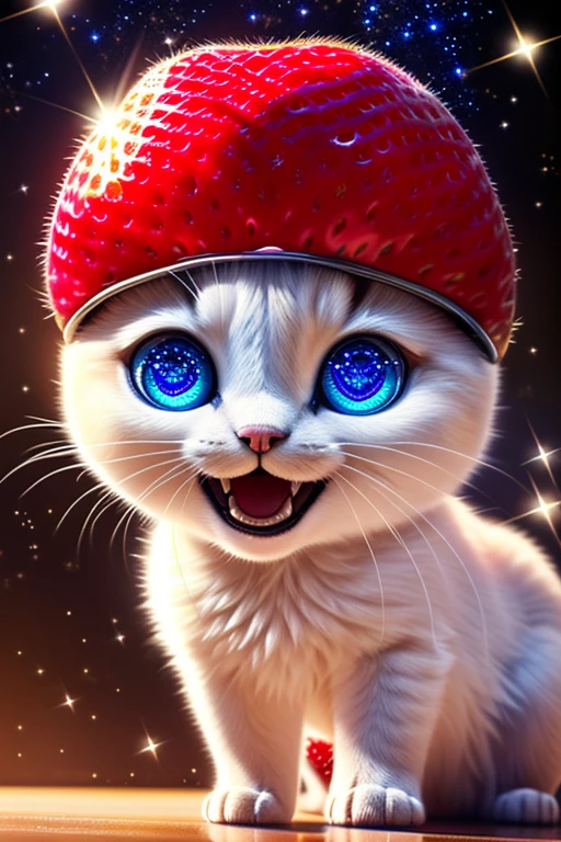 (Highest quality、masterpiece、8k))、Anatomically correct、Very detailed、High resolution、Realistic、((Beautiful, sparkling, detailed eyes))、Intricate details、((Dynamic composition))、kitten、Big head、((A single very large strawberry))、((A big smile))