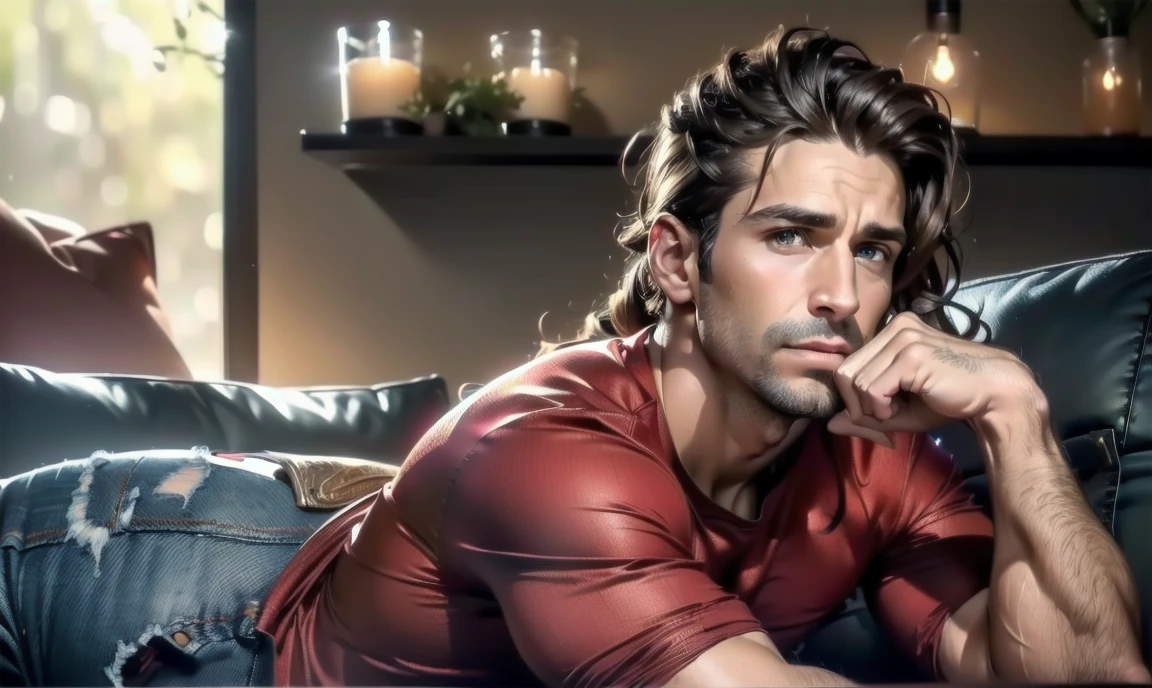 "((highly detailed, detailed eyes, detailed face, clear and realistic facial features, photorealistic, realistic light; cinematic)), (1 man), ((((cozy studio background)))), (((sophisticated gorgeous refined male artist))), ((37-year-old man)), ((strangely beautiful yet masculine)), ((((intense fascinated expression)))), ((seductive mood)), (((hazel brown eyes))), ((long wavy brunette hair tied half up)), (((dressed in a red shirt and jeans)))."