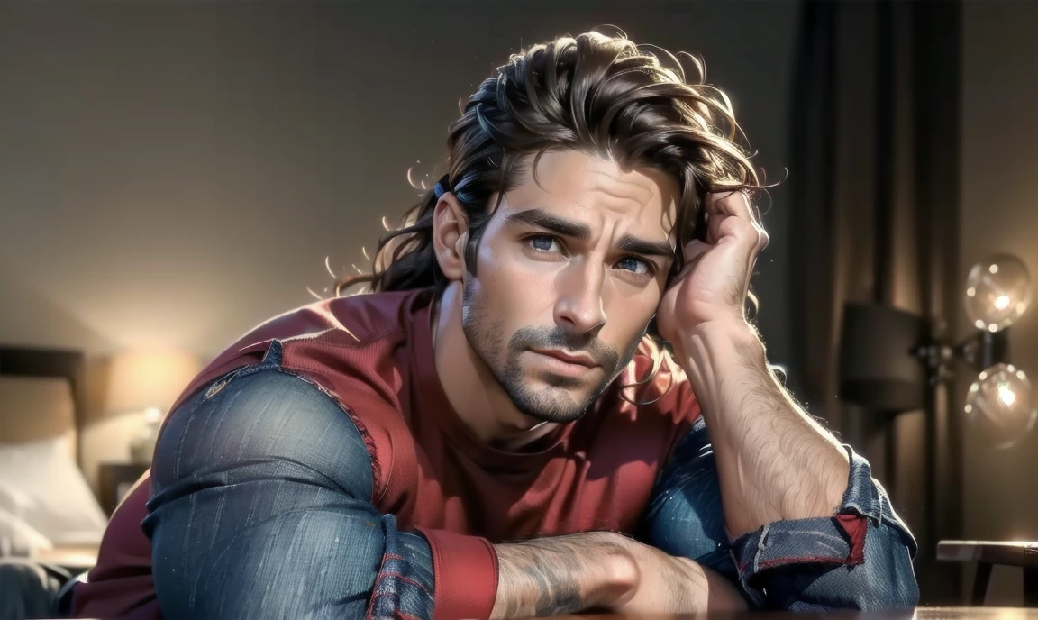 "((highly detailed, detailed eyes, detailed face, clear and realistic facial features, photorealistic, realistic light; cinematic)), (1 man), ((((cozy studio background)))), (((sophisticated gorgeous refined male artist))), ((37-year-old man)), ((strangely beautiful yet masculine)), ((((intense fascinated expression)))), ((seductive mood)), (((hazel brown eyes))), ((long wavy brunette hair tied half up)), (((dressed in a red shirt and jeans)))."