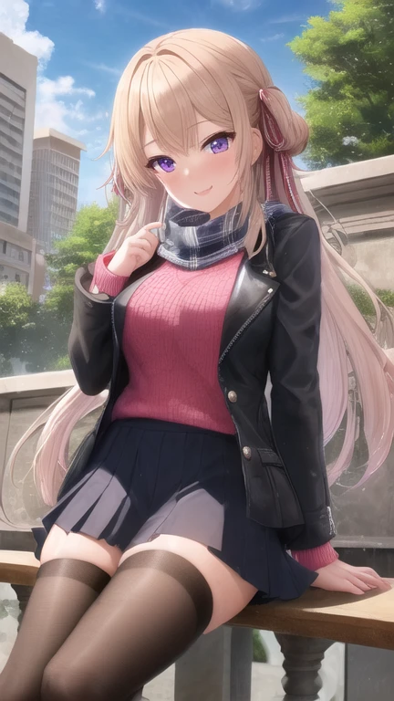 masterpiece, best quality, 1girl, sitting, city, white hair, long hair, purple eyes, buttoned shirt, jacket, scarf, skirt, thigh highs