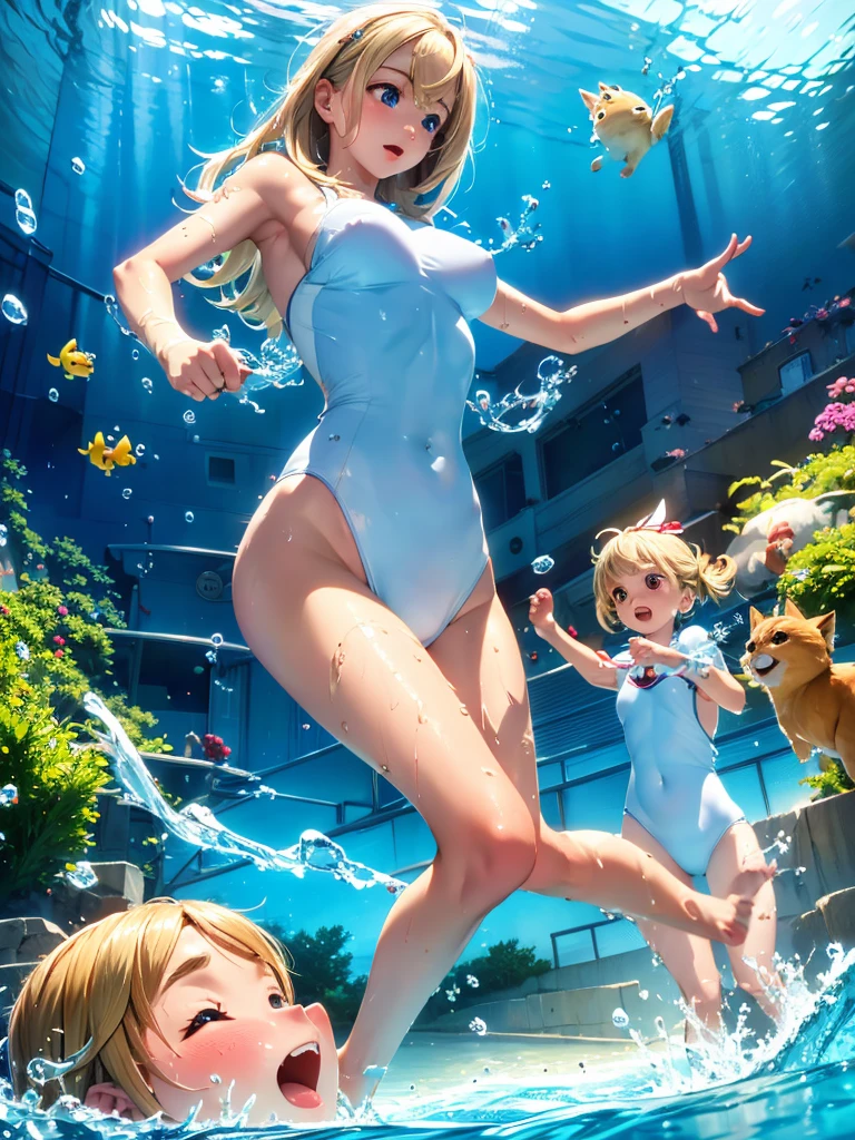 In a Lillie pond a waternympf with a small blond midget German spitz swimming under water swim gold fish, Pixar style