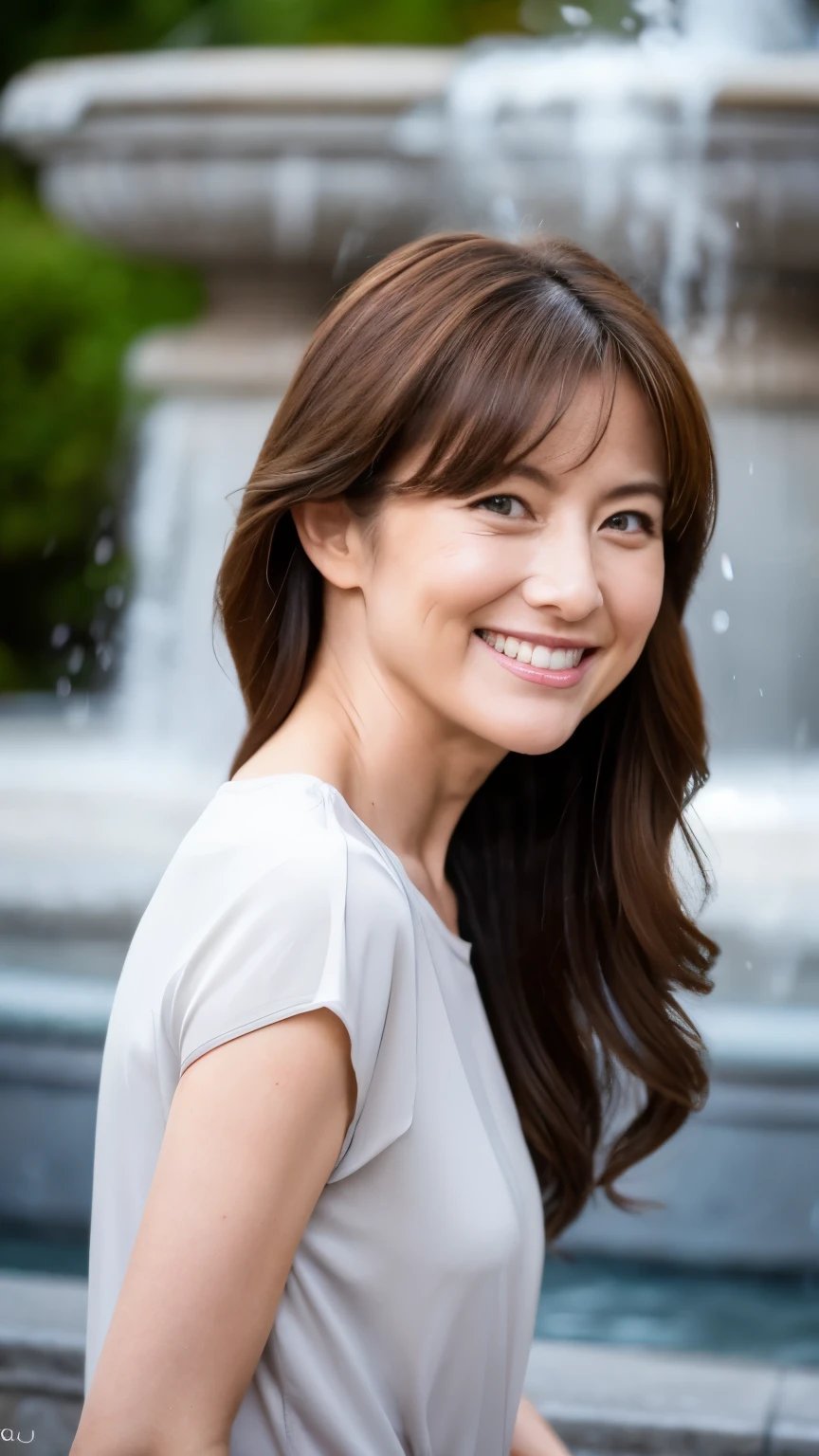 最high quality, In 8K, whole body, Real, Upper Body, high quality, High resolution, Detailed face, Detailed eyes, Thick lips, (Look at the viewers), alone, Middle-aged women, , 60 years old, , Wavy Hair, , Wearing short sleeves, Standing in front of a fountain, Wrinkles around the eyes, Smiling with teeth showing, Background Blur