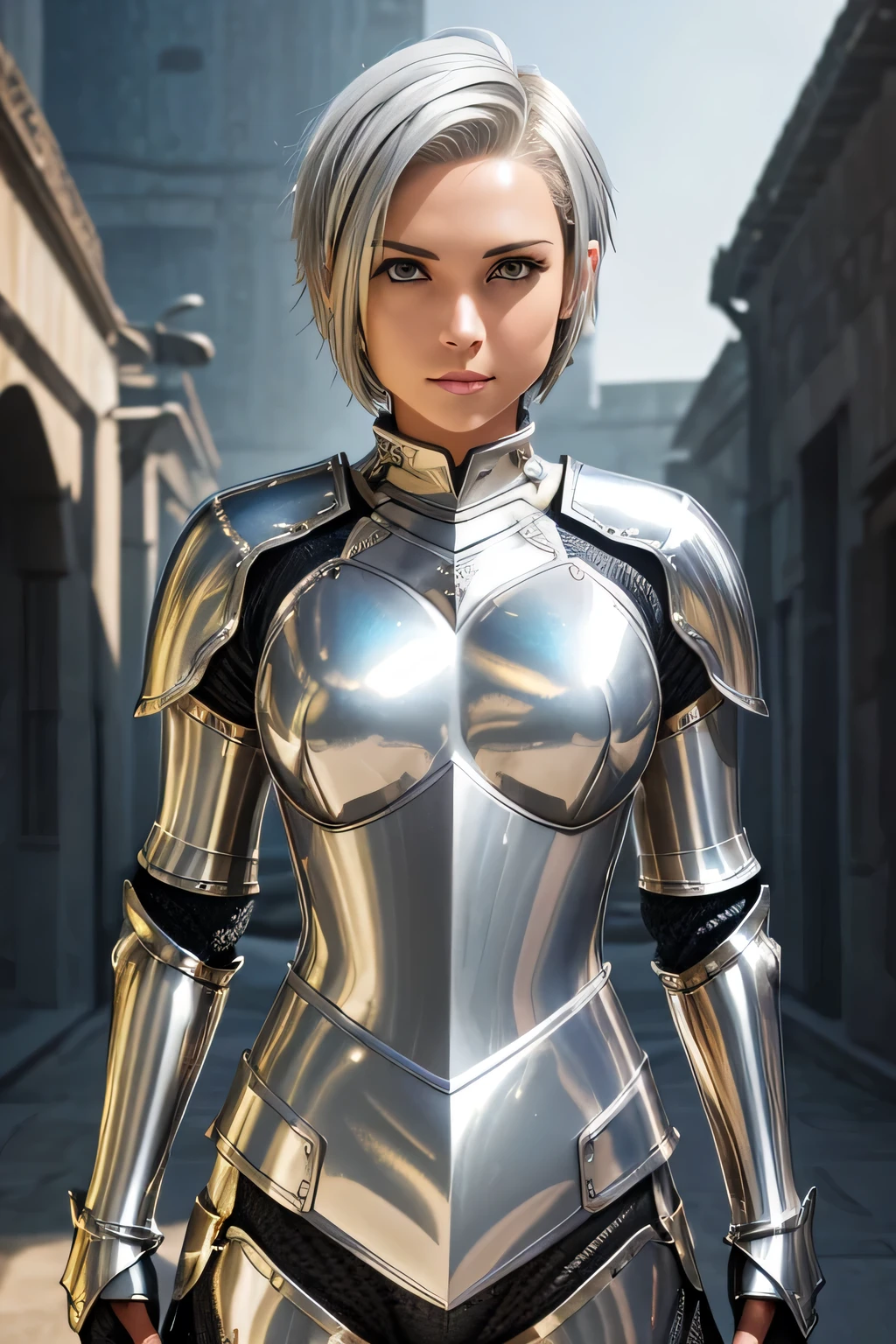 Highest quality,Highest Resolution,(((Metallic shiny armor Silver Hair Short Hair))) woman knight expressionless flat chest woman cool