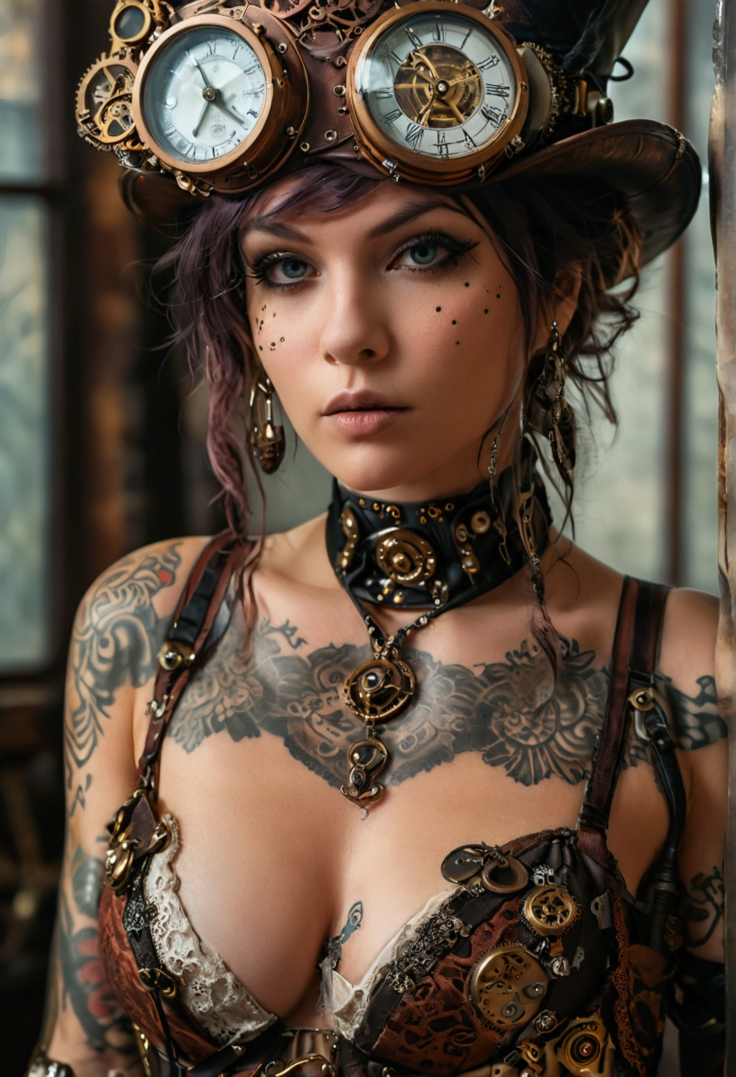 female dressed as steampunk character, lingerie, tattoos, (full body visible), looking at viewer, portrait, photography, detailed skin, realistic, photo-realistic, 8k, highly detailed, full length frame, High detail RAW color art, piercing, diffused soft lighting, shallow depth of field, sharp focus, hyperrealism, cinematic lighting
