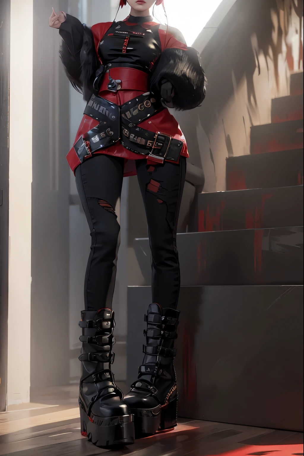 aVATAR SECOND LIFE Korean girl wearing black top and red coat, jeans skirt and long boots,, Asian, Perfect and detailed face, imvu, maximalist details, AVATAR SECOND LIFE Korean blusa , neon