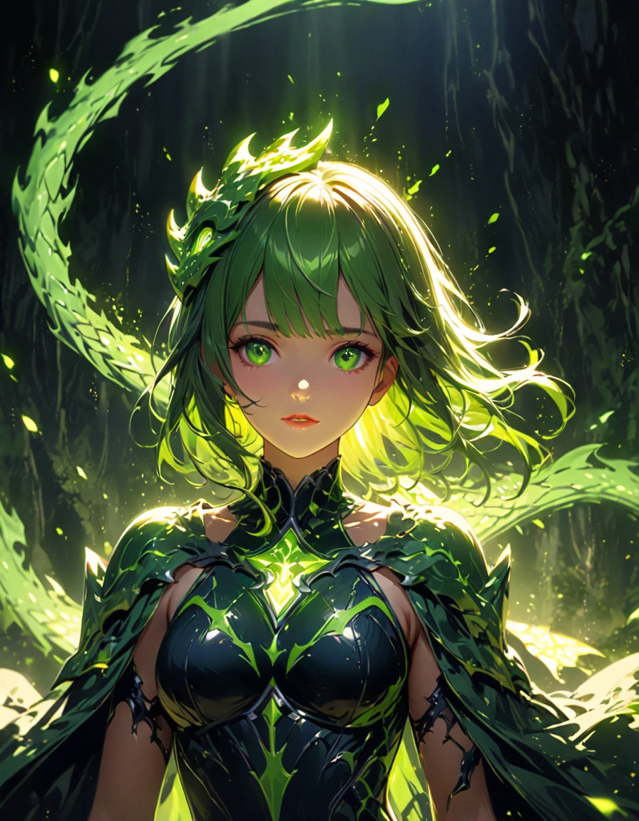 Detailed textures, high quality, high resolution, high accuracy, realism, color correction, correct lighting settings, harmonious composition. The girl stands in the dark, surrounded by particles of light and flickering green sparks that form an unearthly glowing silhouette of a dragon above her head. The atmosphere is mysterious, and the soft lighting creates a magical atmosphere. Digital illustration. --ar 3:4 --niji 6