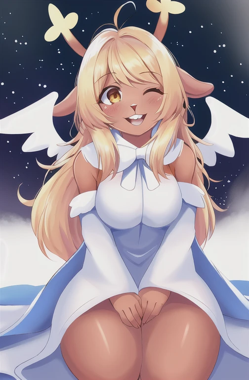 Alone, cartoonish, Best Quality, 1 girl, noelholidays, by rubio, by the wide, furry, White dress, smile, one eye closed, Angel wings, fake wings, aureola falsa, Upper teeth, round teeth,