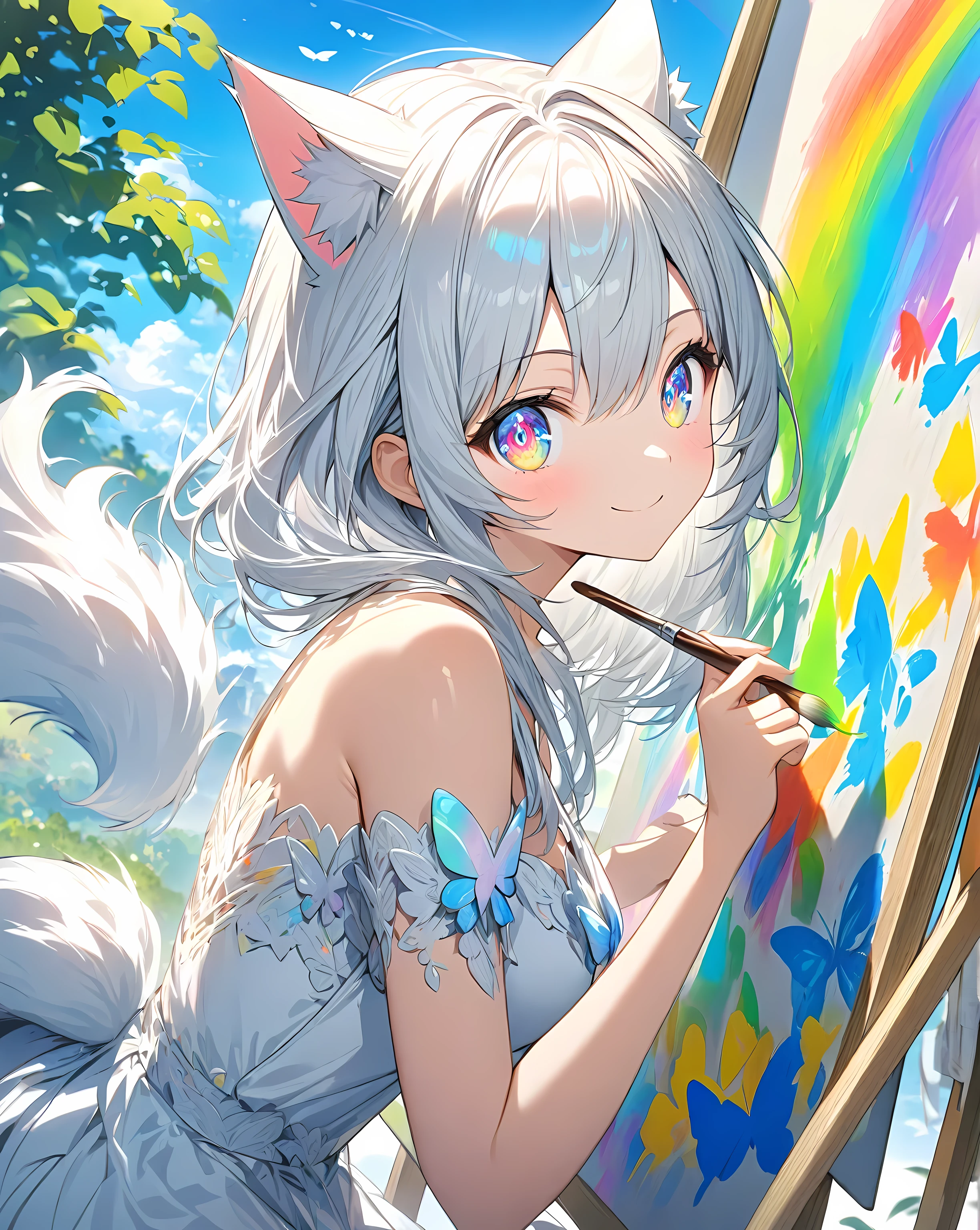 1girl that is painting a butterfly on the canvas. She's a very talented artist. Focus on her that is painting.
1catgirl, cat ears, (white long hair)) , detailed rainbow eyes, intricate cool white dress. Bare shoulders, white Shorts. Portrait. Medium breast. Super detailed. Perfect anime rainbow eyes.
Natural pose. She's smiling , she's Smart . White fox tail. She's Painting a butterfly on the canvas . Artist's sprout with partially painted canvas. He is painting outdoors, it is a beautiful sunny day with blue skies, a few white clouds, meteorites and trails in the sky. Uncomplete drawing on the canvass. Artist pose. She hold a Brush and color palette. She's looking back at the viewer smiling while paining.
Accent colors on the canvas and eyes.