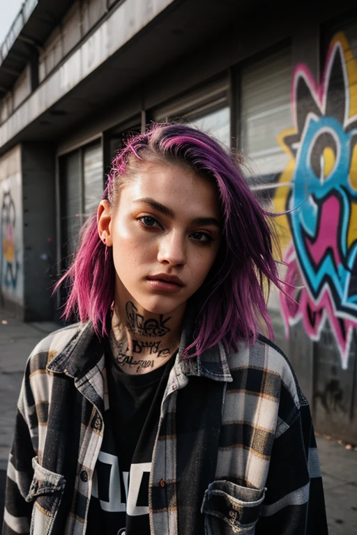 upper body portrait, raw essence of a tattoed street style icon, drenched in rebellious energy, wearing oversized flannel shirt, vibrant graffiti as backdrop, edgy fashion, sense, confident gaze, colorful hair, light beams streaming through haze