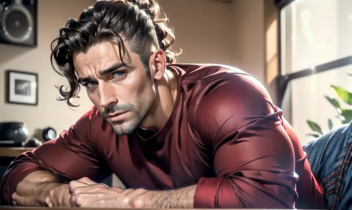 "((highly detailed, detailed eyes, detailed face, clear and realistic facial features, photorealistic, realistic light; cinematic)), (1 man), ((((cozy studio background)))), (((sophisticated gorgeous refined male artist))), ((37-year-old man)), ((strangely beautiful yet masculine)), ((((intense fascinated expression)))), ((seductive mood)), (((hazel brown eyes))), ((long wavy brunette hair tied half up)), (((dressed in a red shirt and jeans)))."