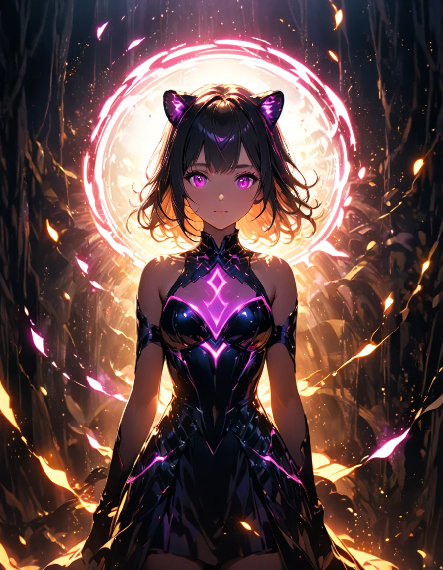Detailed textures, high quality, high resolution, high accuracy, realism, color correction, correct lighting settings, harmonious composition. The girl stands in the dark, surrounded by particles of light and flickering neon sparks, which form an unearthly glowing silhouette of a tiger above her head. The atmosphere is mysterious, and the soft lighting creates a magical atmosphere. Digital illustration. --ar 3:4 --niji 6