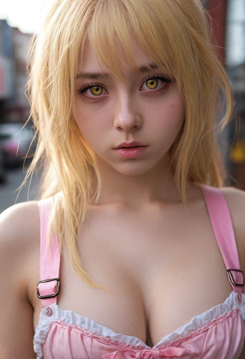Street,(Keisan:1.5), close up, work of art, best qualityer, OriginalPhoto, realisitic, Face, breasts big, pink gaze dress, incredibly ridiculous, beautiful girl, cute, Light Yellow Long Hair, Short suspenders, Depth of field, high resolution, hyperdetail, fine-details, very detailled, very detailled eyes and Face, sharp pupils, realisitic pupils, sharp focus, cinematic lighting,