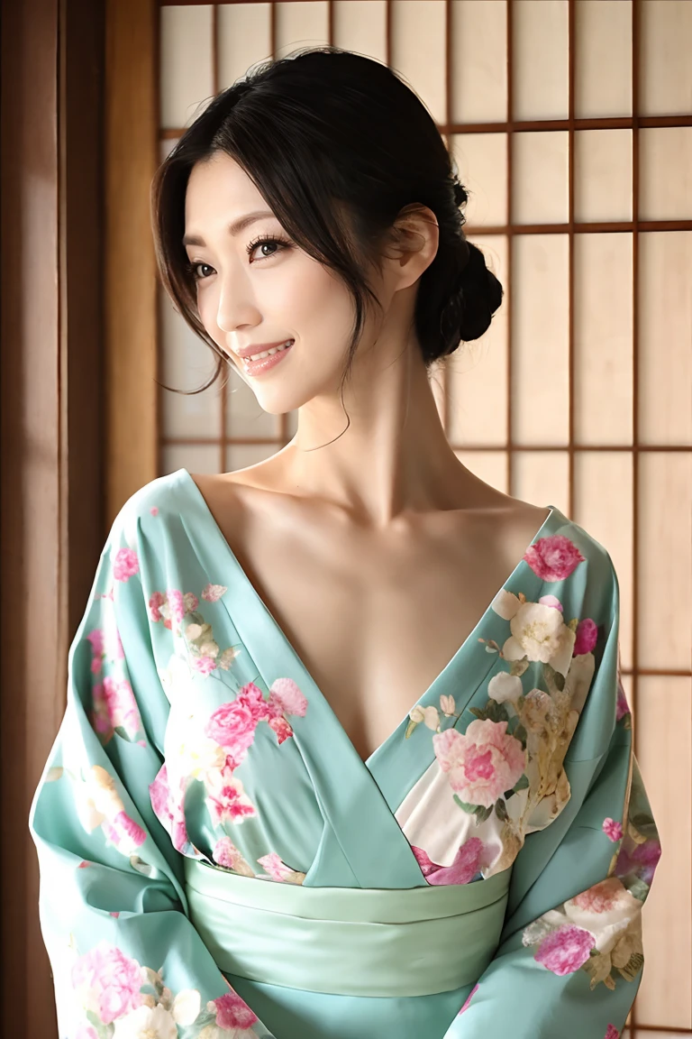(Highest quality、Tabletop、8k、Best image quality、Award-winning works)、(One beautiful mature woman:1.1)、Adult face、(Innkeeper:1.1)、(Elegant floral kimono:1.2)、(Kimono that exposes the chest:1.3)、(Cleavage:1.5)、(Open chest:1.3)、(Large Breasts:1.2)、(Large Breastsの谷間を露出する:1.5)、Perfect mature woman portrait photo、Glowing Skin、Standing Elegantly、(Blurred elegant and exquisite perfect Japanese style room background:1.3)、(The most natural and perfect tidy Japanese style room background:1.2)、Glowing White Skin、Very white skin、(Accentuate your body lines:1.1)、(The most graceful posture:1.2)、A perfect smile、Perfect beautiful glossy lips、(Accurate anatomy:1.1)、(A perfect and elegant outfit:1.1)、(Standing with good posture:1.1)、(Face close-up:1.1)
