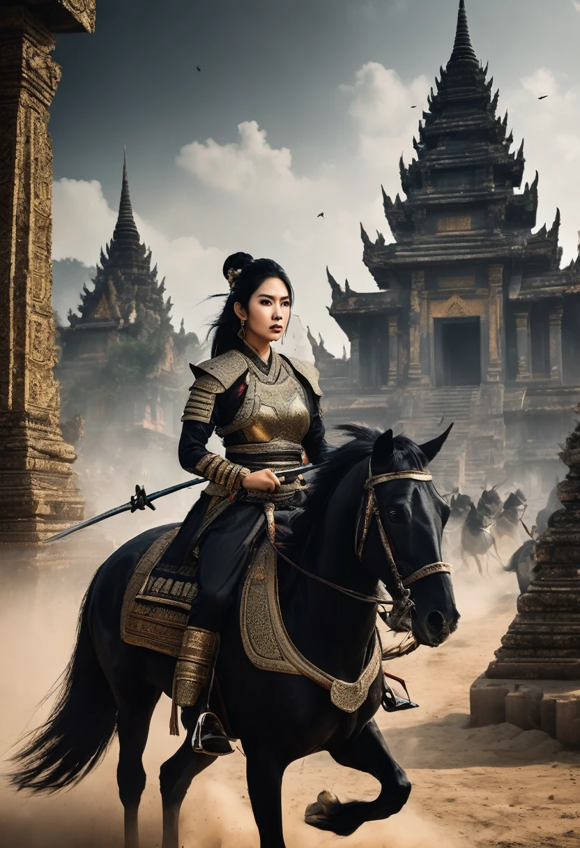A vertical image of a Thai female general with black hair and brown eyes. She has yantra tattoos on her arms and wears dark black armor. She is holding a decorated Thai sword in its scabbard. She is riding a black horse, followed by an army in black armor on black horses. The background features ancient ruins and smoke, with a flock of crows in the sky. The mood of the image is full of strength and intensity.