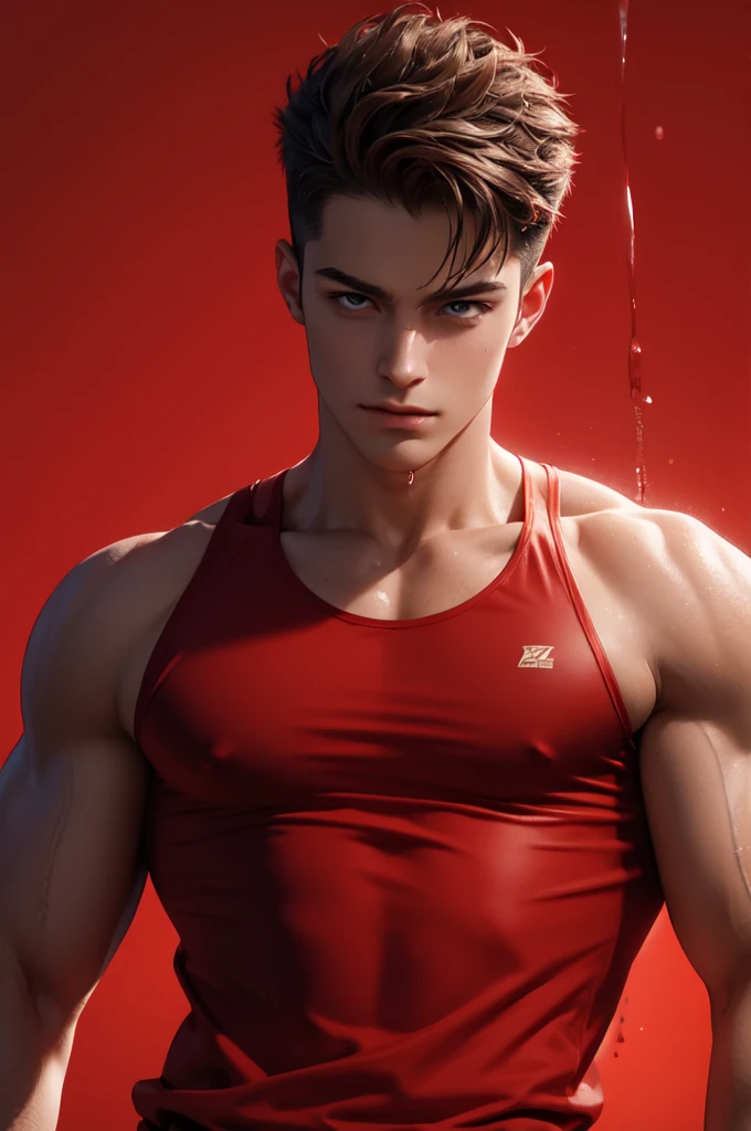 1boy,red background,absurdres,masterpiece,highres,intricately detailed,a gay man,sexy,muscular,strutting outdoors,gorgeous eyes,detailed face,pouring rain,outdoors,global illumination,subsurface scattering,