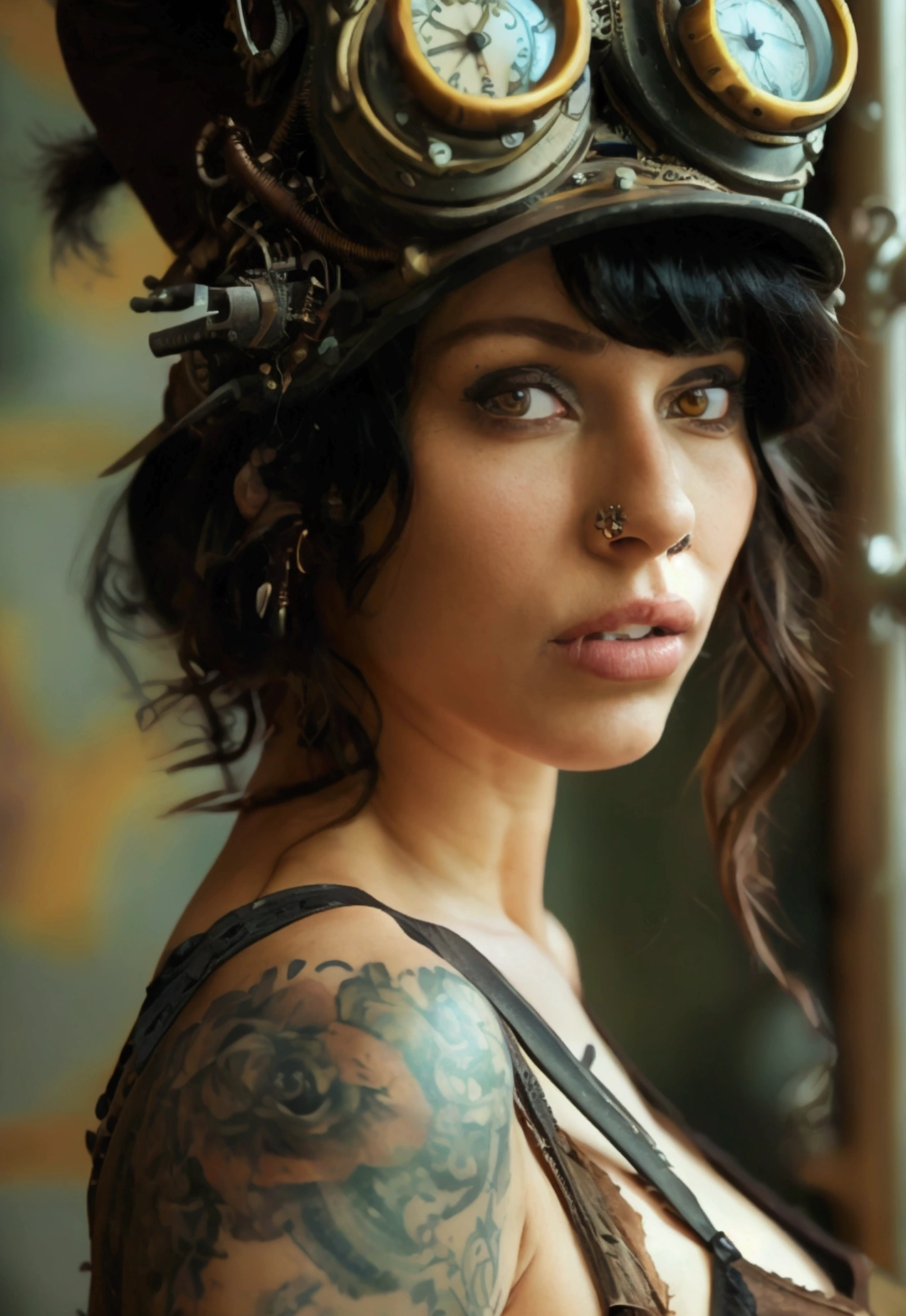 female dressed as steampunk character, lingerie, tattoos, (full body visible), looking at viewer, portrait, photography, detailed skin, realistic, photo-realistic, 8k, highly detailed, full length frame, High detail RAW color art, piercing, diffused soft lighting, shallow depth of field, sharp focus, hyperrealism, cinematic lighting