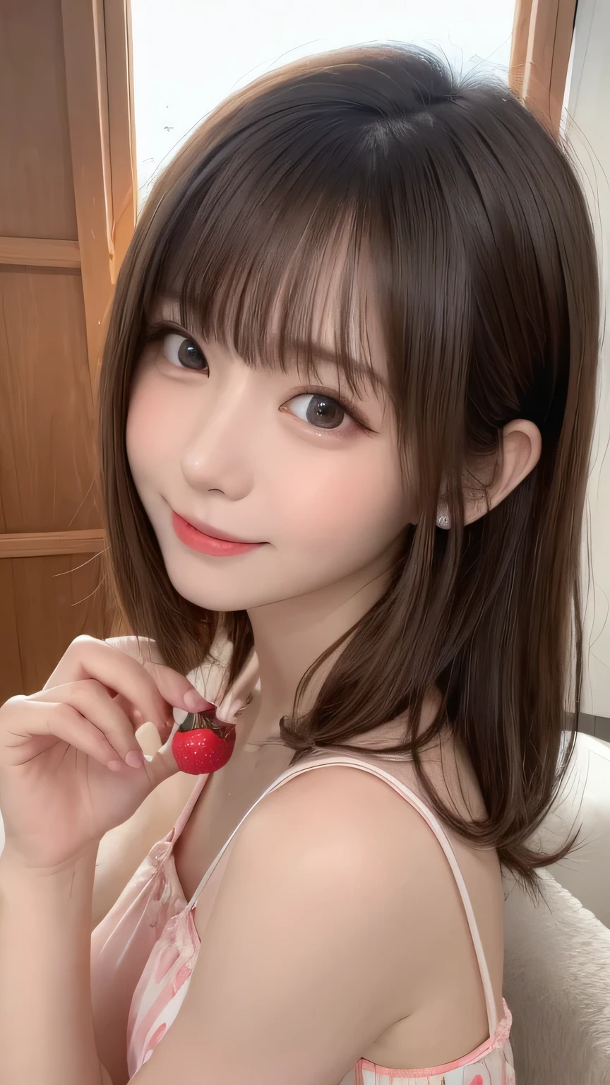 Best image quality (8k, High resolution, masterpiece: 1.2), Very detailed, Random Hairstyles, 26-year-old woman, 

Extraordinary beautiful girl、Cute and beautiful face details、(Dealing with the Children_v1:0.008)、


score_9, score_8_upper, score_7_upper, 
situation: Received training from an experienced producer、Skill-honing scenes。
A single strawberry


,Active stop temporarily ,
On her side、The thunder danced。
Focus on the upper waist


, Random cute poses ,Big eyes ,Puffy eyes ,  Heart pupil, blush  , Big shy smile , salute

　

