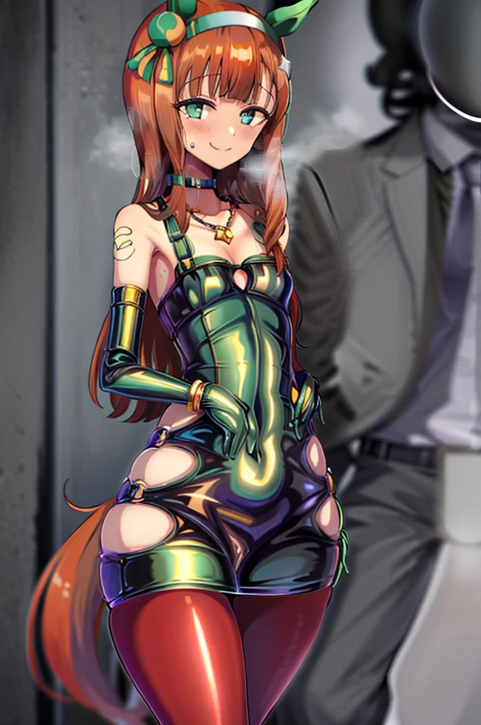 masterpiece, Highest quality:1.2), Silence Suzuka(umamusume), One Woman, alone,Orange Hair,Long Hair,Flat Chest,Thick legs,Cowboy Shot,Showing teeth,smile,blush,horse ear, Bodycon、Wrinkles are frequent, Shiny, reflective green clothing, latex, Perfect fit for your skin、Removable sleeves,Gold Necklace,Cleavage,Exposing shoulders,Exposing the belly