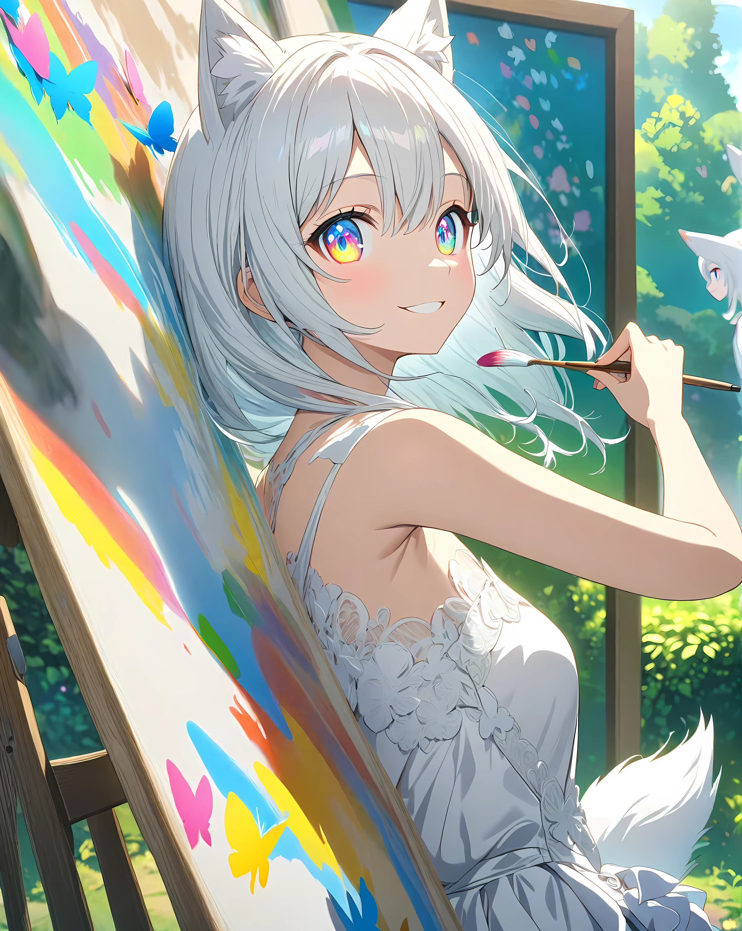 1girl that is painting a butterfly on the canvas. She's a very talented artist. Focus on her that is painting. 
1catgirl, cat ears, (white long hair)) , detailed rainbow eyes, intricate cool white dress. Bare shoulders, white skirt Ruffled . Portrait. Medium breast. Super detailed. Perfect anime rainbow eyes. 
Natural pose.  She's smiling , she's Smart . White fox tail. She's Painting a butterfly on the canvas . Artist's sprout with partially painted butterfly on the canvas. He is painting outdoors, anime scenery. Uncomplete drawing on the canvass. Artist pose. She hold a Brush and color palette. She's looking back at the viewer smiling while paining.
Accent colors on the canvas and eyes.
