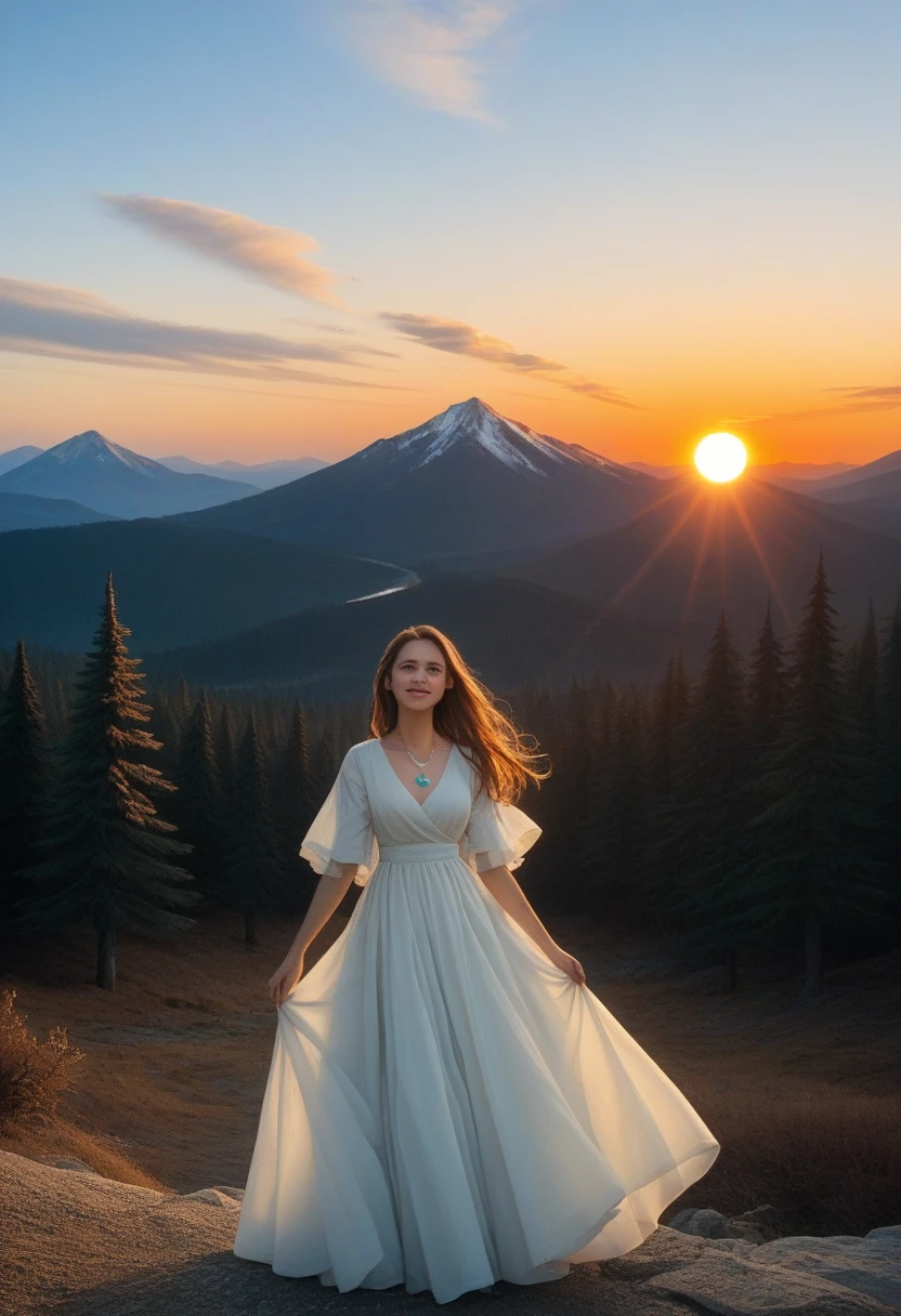 1 girl, happy expression, charming eyes, straight long hair, flowing skirt, big, looking at the sun, calm posture, porcelain-like skin, subtle blush, crystal pendant BREAK Golden Hour, (edge lighting): 1.2, cool colors, sun flare, soft shadows, bright colors, painting effects, fantastic atmosphere BREAK Scenic lakes, distant mountains, pine trees, mountain tops, reflections, sunlit clouds, tranquil atmosphere, idyllic sunrise, Ultra detailed, official art, unified 8k wallpapers, zentangle, mandala