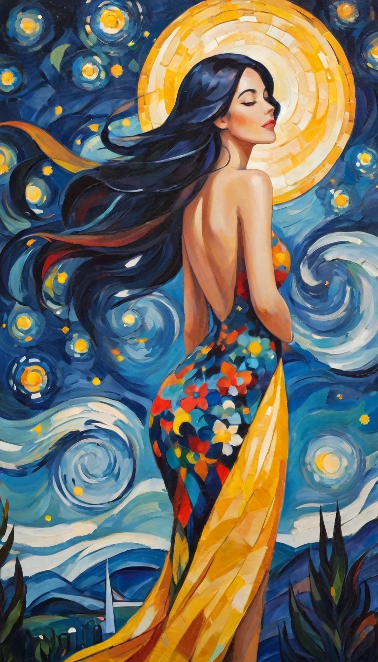 (best quality,realistic,highres:1.2),soft toned, oil painting,impressionistic strokes,From Cubism, Fauvism to Surrealism and Abstractionism, woman, their art concept and pattern all have been embodied in fashion design.Starry Sky background