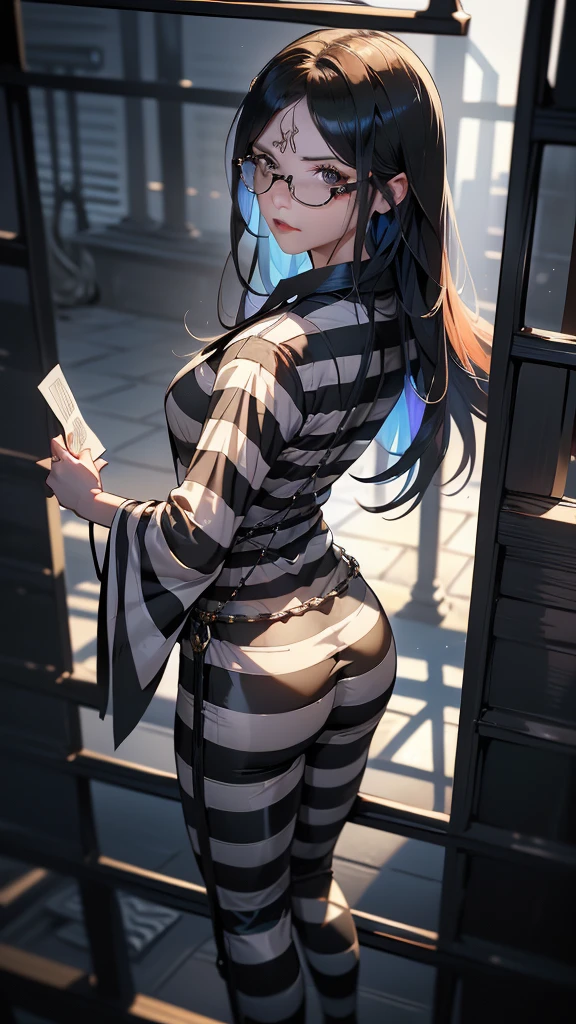 (REAR VIEW, rear view),(work of art:1.3), ((best qualityer:1.3), I am not, 1 girl, Polarized glasses, older, shorth hair, , collared, mole above mouth, oculos de sol, large older, ((Clothes Envelope)), ((striped clothes)), captive, chemise, longsleeve, Stripescaptivelongsleeve, trunk, manacles, Black and white lines, (Prison bars background :1.4), (iron groceries),( Showing black underwear),( swirly vibrant colors), (captive:1.4 ), (Exquisite face :1.4)